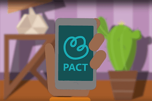 An illustration of a brown hand holding a smartphone. The PACT app logo is on the screen.