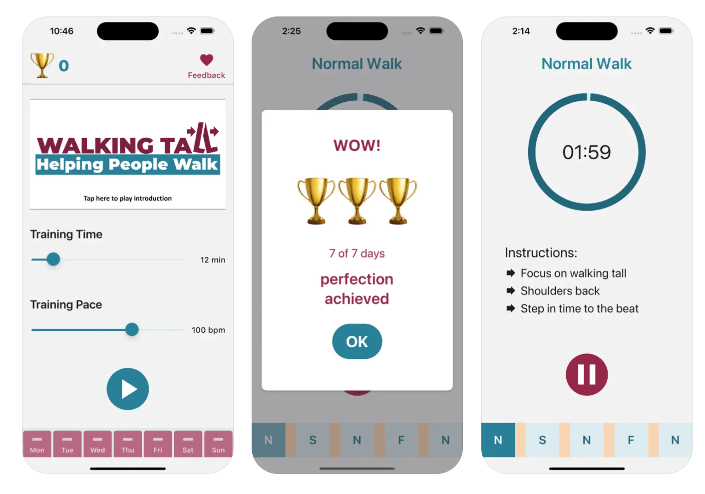 3 images of a mobile phone showing Walking Tall screens. These include the time & pace setup, finishing 7 days walking, and a timed walk.
