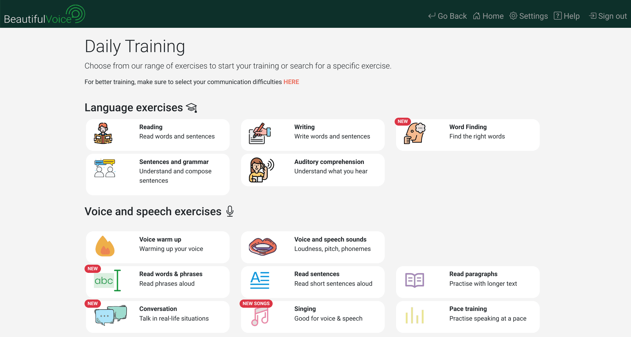 A screenshot of the Beautiful Voice daily training page showing several things to do.