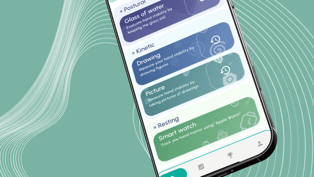 A close-up photo of a phone against a green background. On the phone is the Steady Hands app with different exercises, including 'glass of water', 'drawing', 'picture' and 'resting'.