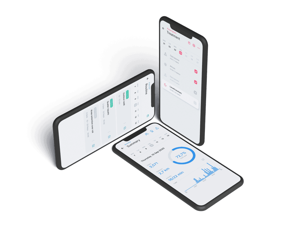 A photo of three phones, each showing a different mKinetikos app screen.