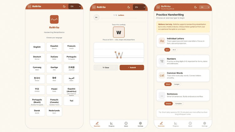 Three screenshots from the ReWrite app, including the language options, tracing the letter 'W', and a list of exercises. These include individual letters, numbers, common words and sentences.