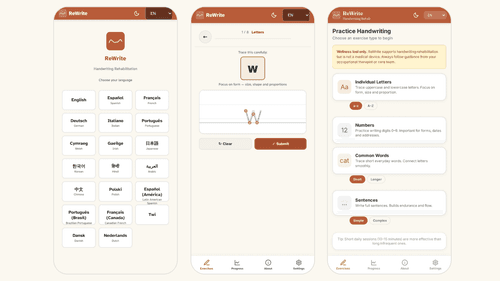 Three screenshots from the ReWrite app, including the language options, tracing the letter 'W', and a list of exercises. These include individual letters, numbers, common words and sentences.
