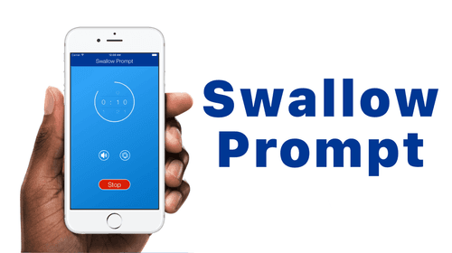 Swallow Prompt app on a smartphone being held in a slim hand. The screen is blue & shows a timer.