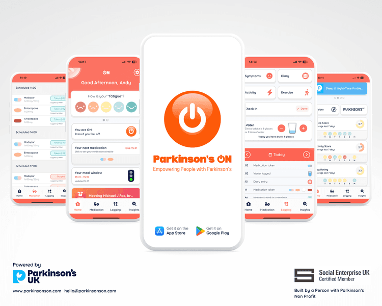 A photo of five smartphones, each showing a different Parkinson's ON app page.