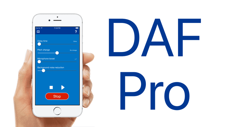 Photo of a white hand holding an iPhone showing the app home screen. The words 'DAF Pro' are written beside the photo.