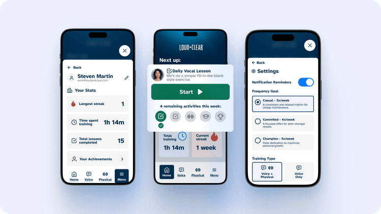 Three screenshots from the Loud and Clear app, including a user profile, homepage and Settings tab.