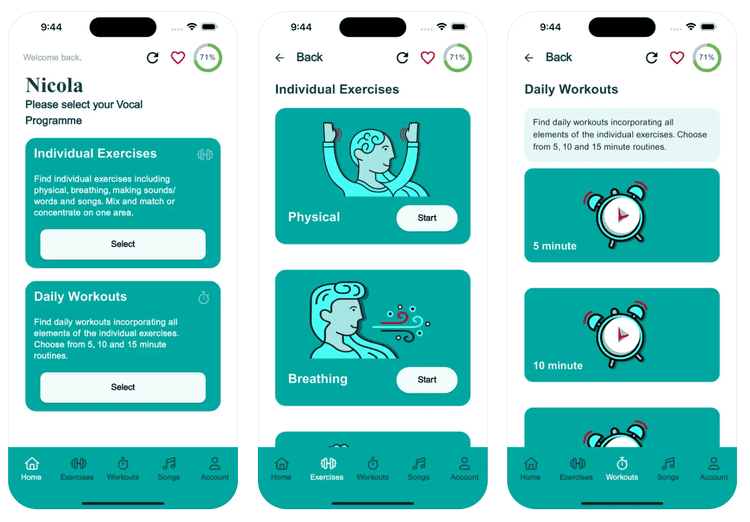 Three screenshots from the SingApp: Parkinson's app, prompting you to choose from different vocal and physical exercises.