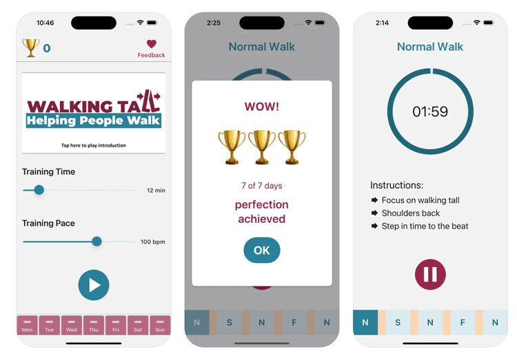 3 images of a mobile phone showing Walking Tall screens. These include the time & pace setup, finishing 7 days walking, and a timed walk.