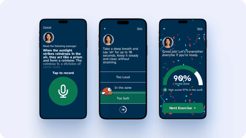 Three screenshots from the Read Passage feature in the Loud and Clear app.
