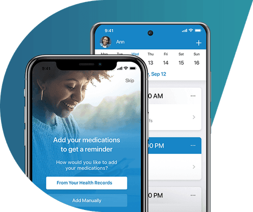 A photo of two overlapping smartphones showing the MediSafe app on their screens.